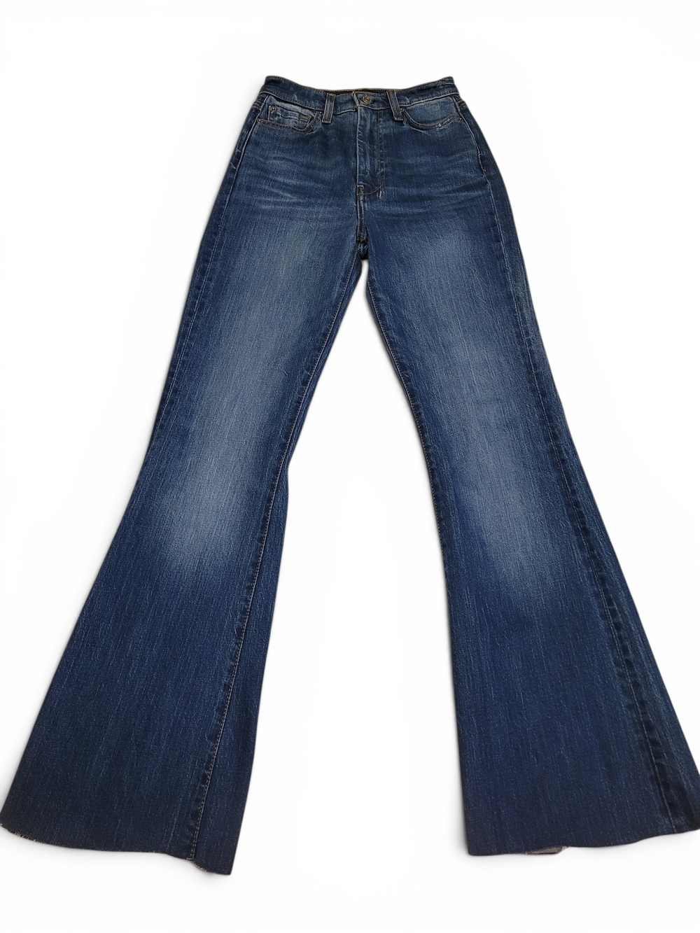 7 For All Mankind Ultra High Rise Dojo Flare Jeans Size 23 Raw Hem Blue Denim